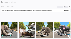 Example generated by DALL-e showing elephant riding a skateboard while typing on a laptop